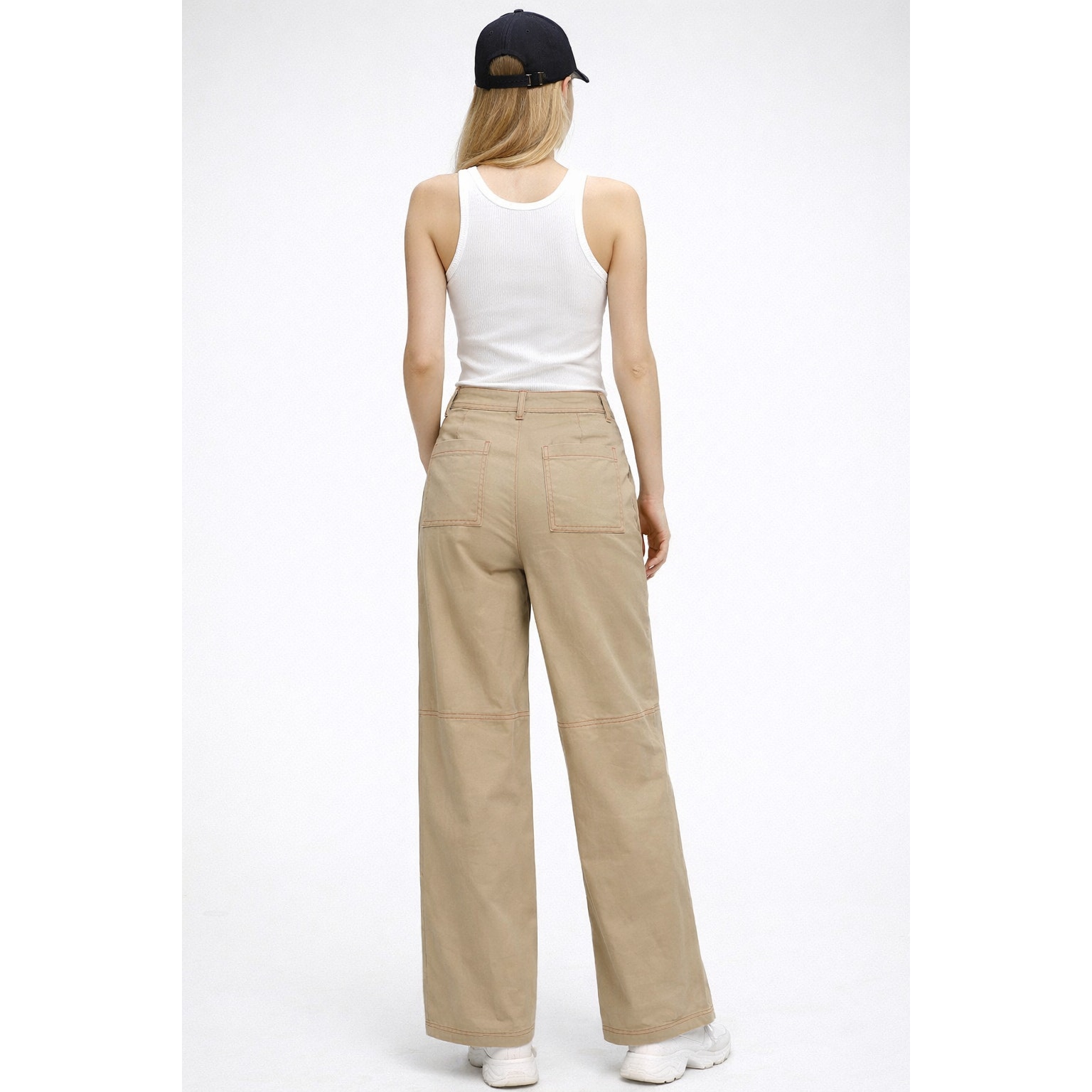 Urban Revivo Khaki High Rise Straight Leg Pants Womens Size 4 New Red Stitching — image 3 of 8